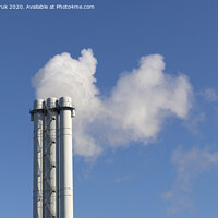Buy canvas prints of White smoke comes from a white chimney pipe on a background of blue sky. by Sergii Petruk