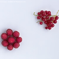 Buy canvas prints of Raspberries and red currants are located diagonally on a light background by Sergii Petruk