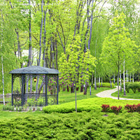 Buy canvas prints of Openwork metal arbor with forged elements surrounded by beautiful spring park with landscape design. by Sergii Petruk