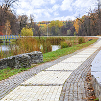 Buy canvas prints of The paving slabs road with a framing of cobblestone leaves into the city autumn park by Sergii Petruk
