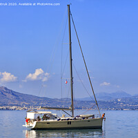 Buy canvas prints of Sailing sea yacht anchored in the morning haze in the Corinthian bay. by Sergii Petruk