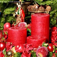 Buy canvas prints of Three thick red candles surrounded by Christmas decorations and fairytale figures. by Sergii Petruk