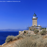 Buy canvas prints of Old stone lighthouse on the high cape Malagavi, Loutraki, Greece. by Sergii Petruk