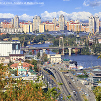 Buy canvas prints of The landscape of the autumn city of Kyiv with a view of the Dnipro River, many bridges, the old Podilsky district and new houses on Obolon. by Sergii Petruk