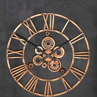 Buy canvas prints of Unusual industrial wall clock made of metal and real gears on a granite black background. by Sergii Petruk
