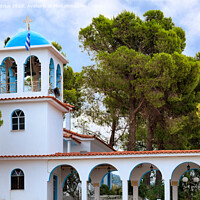 Buy canvas prints of Exterior of the traditional white-blue Greek bell tower of a Christian Orthodox temple in Loutraki, Greece. by Sergii Petruk
