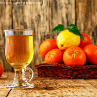Buy canvas prints of Citrus tea in a glass cup on a background of mandarin and lemon fruits in blur. by Sergii Petruk
