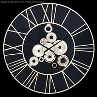 Buy canvas prints of Unusual industrial wall clock made of metal and real gears, isolated on a black background. by Sergii Petruk