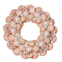 Buy canvas prints of Christmas wreath with decorative balls, flowers and stars in pink and beige pastel colors, isolated on white. by Sergii Petruk