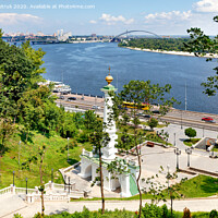 Buy canvas prints of Beautiful landscape of summer Kyiv with a view of the Dnipro River and a monument to the Magdeburg Law. by Sergii Petruk