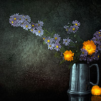 Buy canvas prints of Still life with Michaelmas daisies and marigolds by Judith Flacke