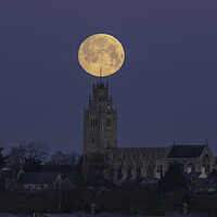 Buy canvas prints of Wolf Moon setting over St Andrew's Chrurch, Sutton-in-the-Isle by Andrew Sharpe