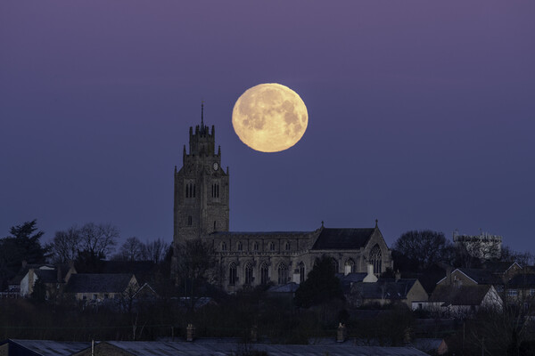 Wolf Moon setting over St Andrew's Chrurch, Sutton-in-the-Isle  Picture Board by Andrew Sharpe