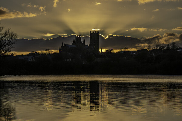 Sunset behind Ely Cathedral, from Roswell Pits, 6th March 2022 Picture Board by Andrew Sharpe