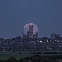 Buy canvas prints of Full moon rising behind Ely Cathedral, 16th April  by Andrew Sharpe