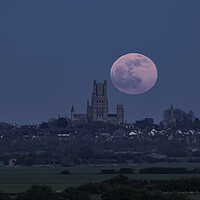 Buy canvas prints of Full moon rising behind Ely Cathedral, 16th April 2022 by Andrew Sharpe