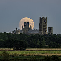 Buy canvas prints of Moon rise behind Ely Cathedral, 10th August 2022 by Andrew Sharpe