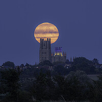 Buy canvas prints of Harvest Moon rising behind Ely Cathedral, 29th September 2023 by Andrew Sharpe