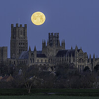 Buy canvas prints of Moonset behind Ely Cathedral, 26th December 2023 by Andrew Sharpe