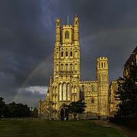 Buy canvas prints of Rainbow behind ELy Cathedral, 15th June 2020 by Andrew Sharpe