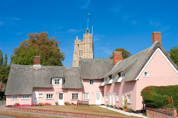 The pink cottages, in front of St Mary's Church, C Picture Board by Andrew Sharpe