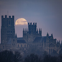 Buy canvas prints of Moonset behind Ely Cathedral, 30th December 2020 by Andrew Sharpe
