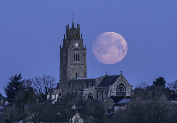 Moonset behind St Andrew's Church, Sutton-in-the-Isle, Cambridge Picture Board by Andrew Sharpe