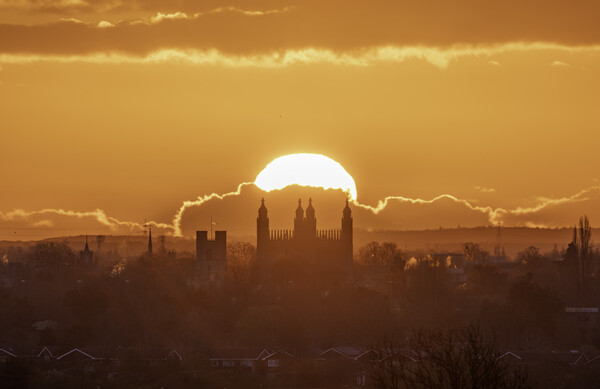 Sunrise behind King's College Chapel, Cambridge, 11th April 2021 Picture Board by Andrew Sharpe
