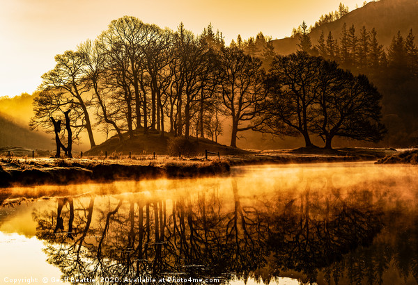 Golden sunrise over a misty River Brathay, Cumbria Picture Board by Geoff Beattie