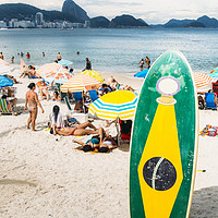 Buy canvas prints of Long board with Brazilian flag on Copacabana Beach by Alexandre Rotenberg
