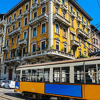 Buy canvas prints of Vintage Milanese tram and building by Alexandre Rotenberg