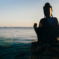 Buy canvas prints of Partial silhouette of wooden Buddha in water by Alexandre Rotenberg