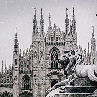 Buy canvas prints of Snow falling at Piazza del Duomo in Milan, Italy by Alexandre Rotenberg