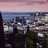 Buy canvas prints of Lisbon, Portugal magenta sunset overlooking Baixa  by Alexandre Rotenberg