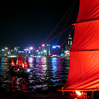 Buy canvas prints of Red Sail Junks in Hong Kong Harbor by Juli Davine