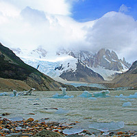 Buy canvas prints of Icebergs at the lake in Fitz Roy Massive by Mark Seleny