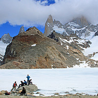 Buy canvas prints of Frozen Lake at the footsteps  Fitz Roy Towers by Mark Seleny