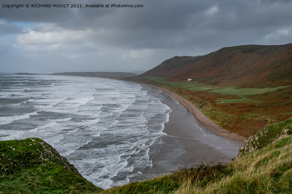 Stormy Rhossili Bay on Gower Picture Board by RICHARD MOULT