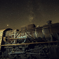 Buy canvas prints of Old locomotive with  and milky way by Juan Ramón Ramos Rivero