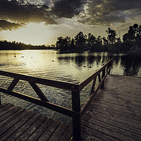 Buy canvas prints of Pier with wooden railing and trees by Juan Ramón Ramos Rivero