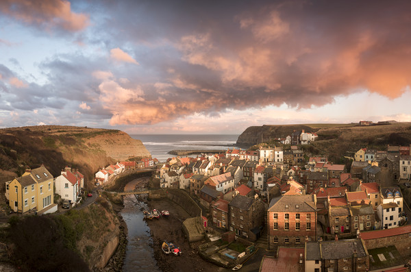 Sunset over Staithes Picture Board by David Semmens