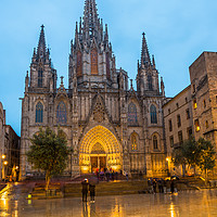 Buy canvas prints of Barcelona Cathedral at night and in the rain by Andrew Michael