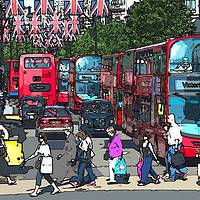 Buy canvas prints of A busy Oxford Street with shoppers and red buses.  by Andrew Michael