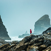 Buy canvas prints of Bedruthan Steps on a foggy day by Andrew Michael