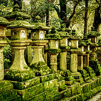 Buy canvas prints of Moss covered Japanese lantern statues by Claire Turner