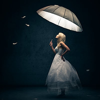 Buy canvas prints of Girl with Umbrella and feathers by Johan Swanepoel