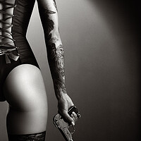 Buy canvas prints of Woman in lingerie with handgun by Johan Swanepoel