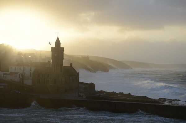 Storm Eunice - Porthleven Clocktower Picture Board by David Neighbour