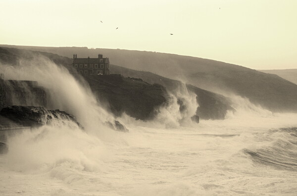 Storm Eunice - Porthleven Waves Sepia Picture Board by David Neighbour