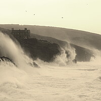 Buy canvas prints of Storm Eunice - Porthleven Waves Sepia by David Neighbour